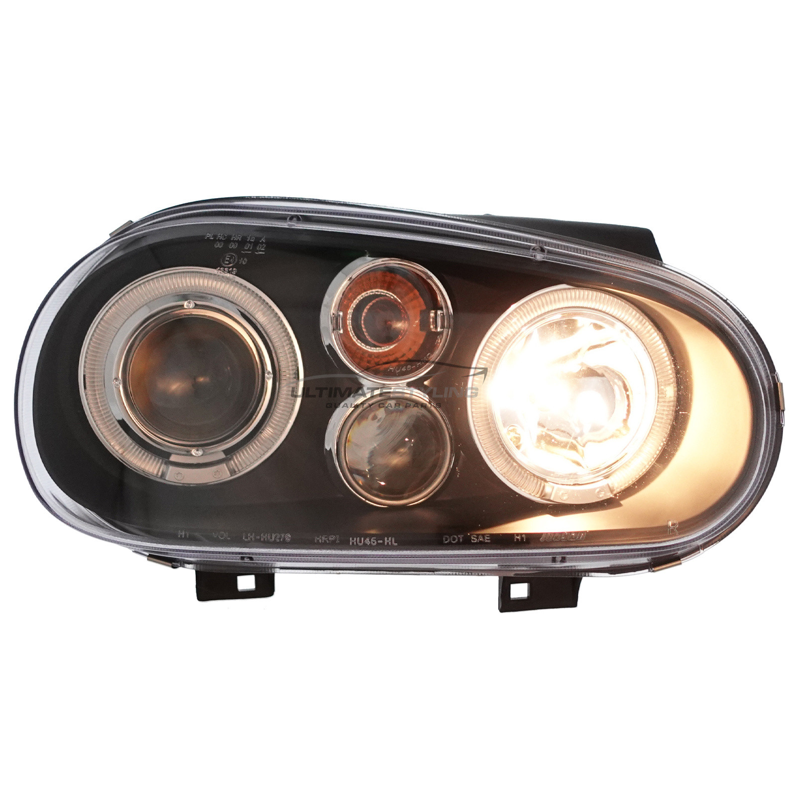 VW Golf Mk4 1997-2004 Upgrade Headlights Black Inner LED Twin Angel Eyes Halo with Fog Lights Projector Xenon Look