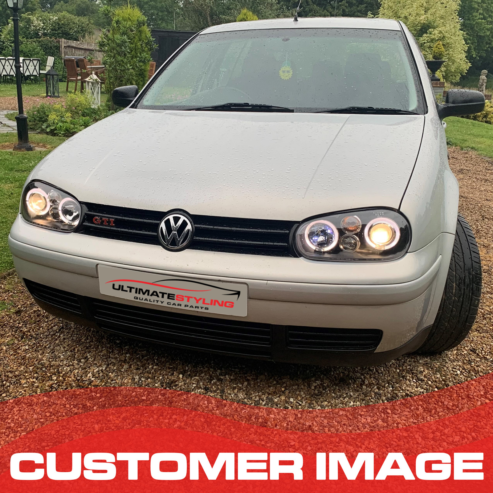 VW Golf Mk4 1997-2004 Upgrade Headlights Black Inner LED Twin Angel Eyes  Halo with Fog Lights Projector Xenon Look