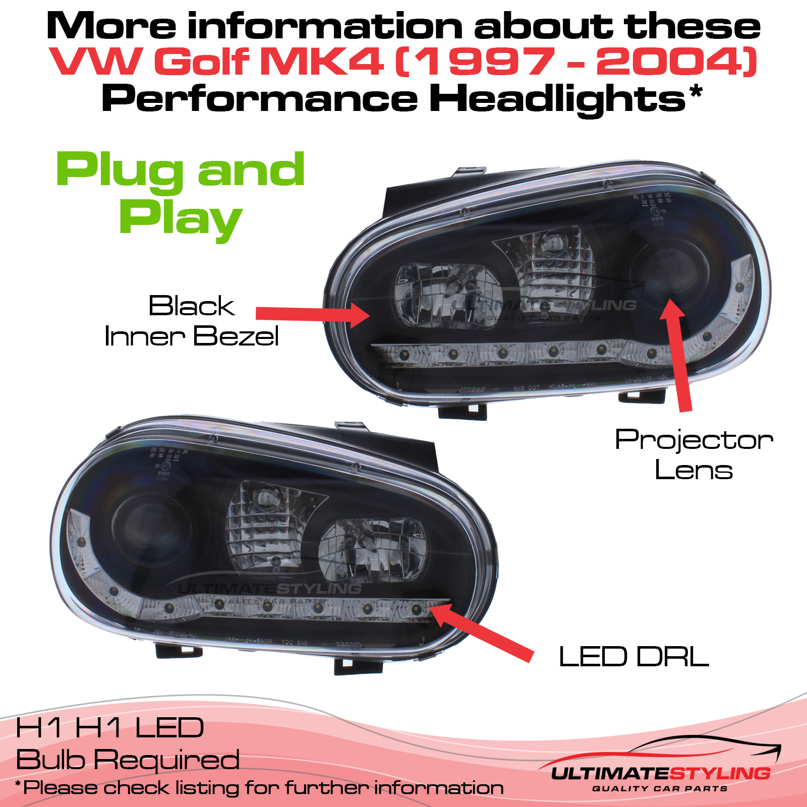VW Golf Mk4 1997-2004 Upgrade Headlights Black inner LED DRL Projector Xenon Look