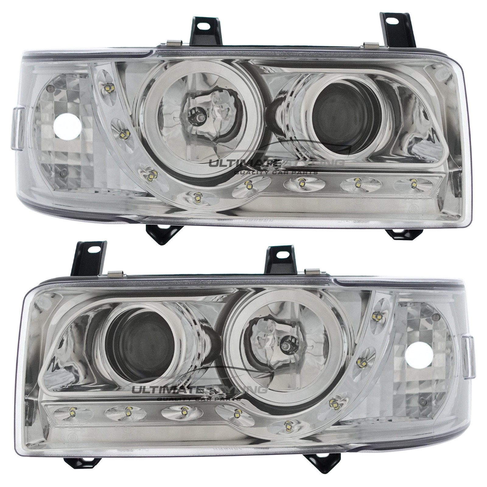 VW Transporter T4 Van & Caravelle 1990-2003 Short Nose Upgrade Headlights Chrome Inner LED DRL Projector Xenon Look