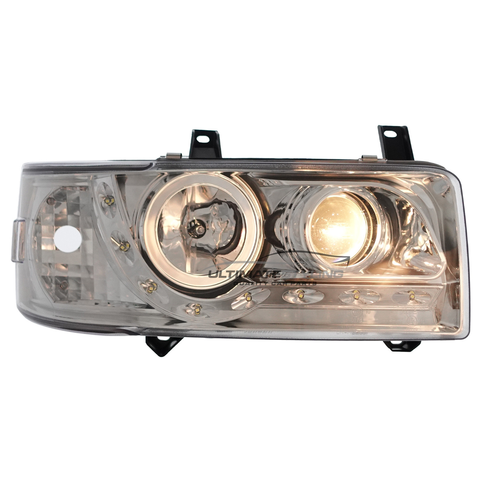 VW Transporter T4 Van & Caravelle 1990-2003 Short Nose Upgrade Headlights Chrome Inner LED DRL Projector Xenon Look