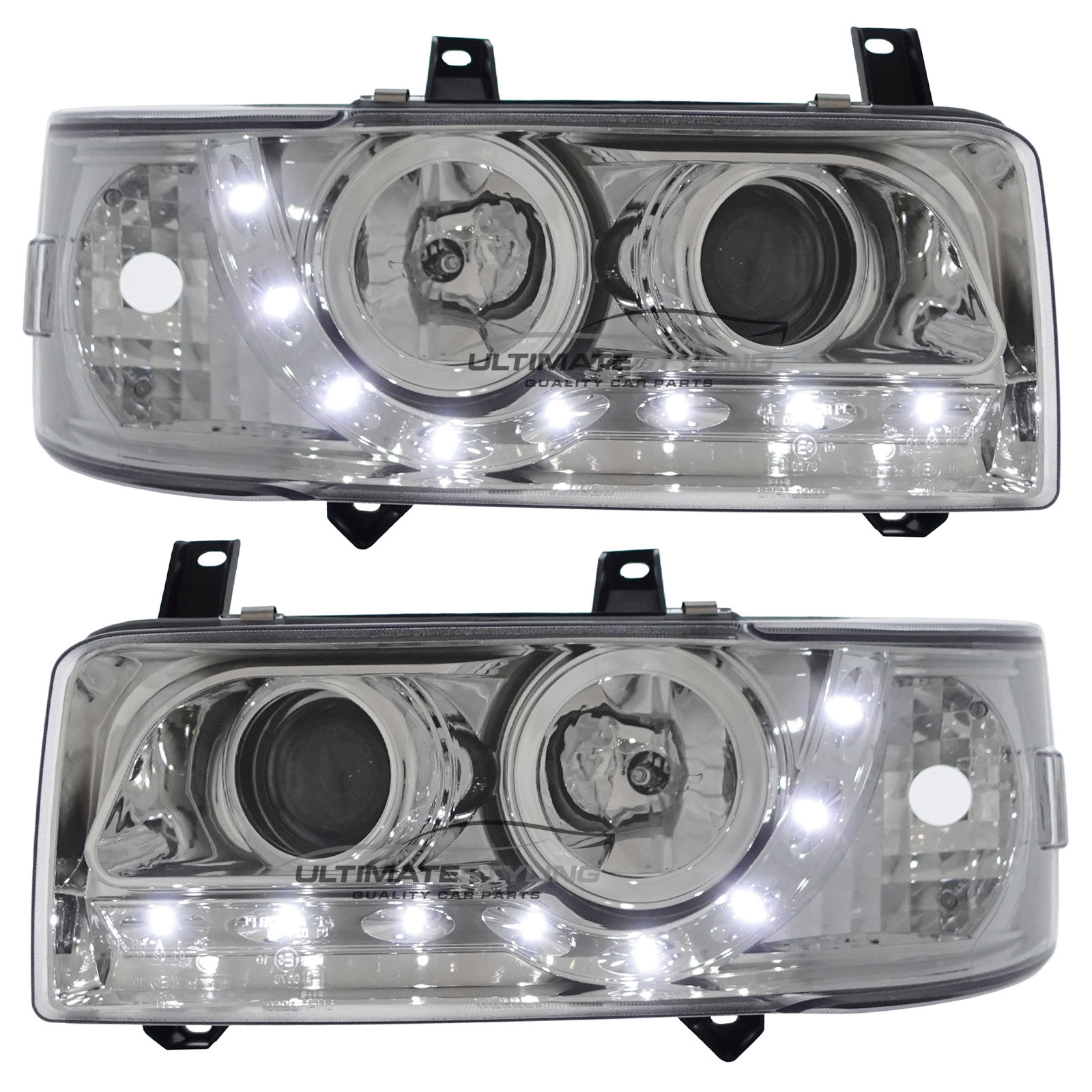 VW Transporter T4 Van & Caravelle 1990-2003 Short Nose Upgrade Headlights Chrome Inner LED DRL Projector Xenon Look