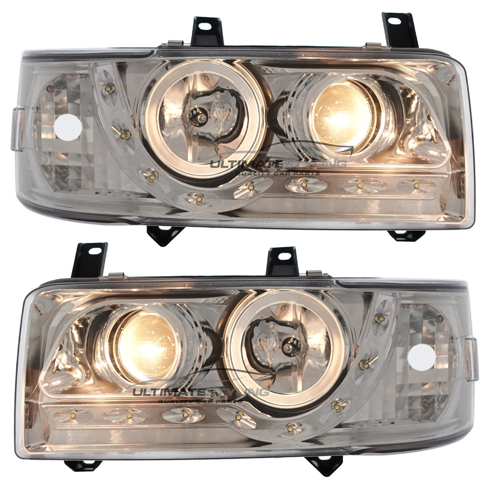VW Transporter T4 Van & Caravelle 1990-2003 Short Nose Upgrade Headlights Chrome Inner LED DRL Projector Xenon Look