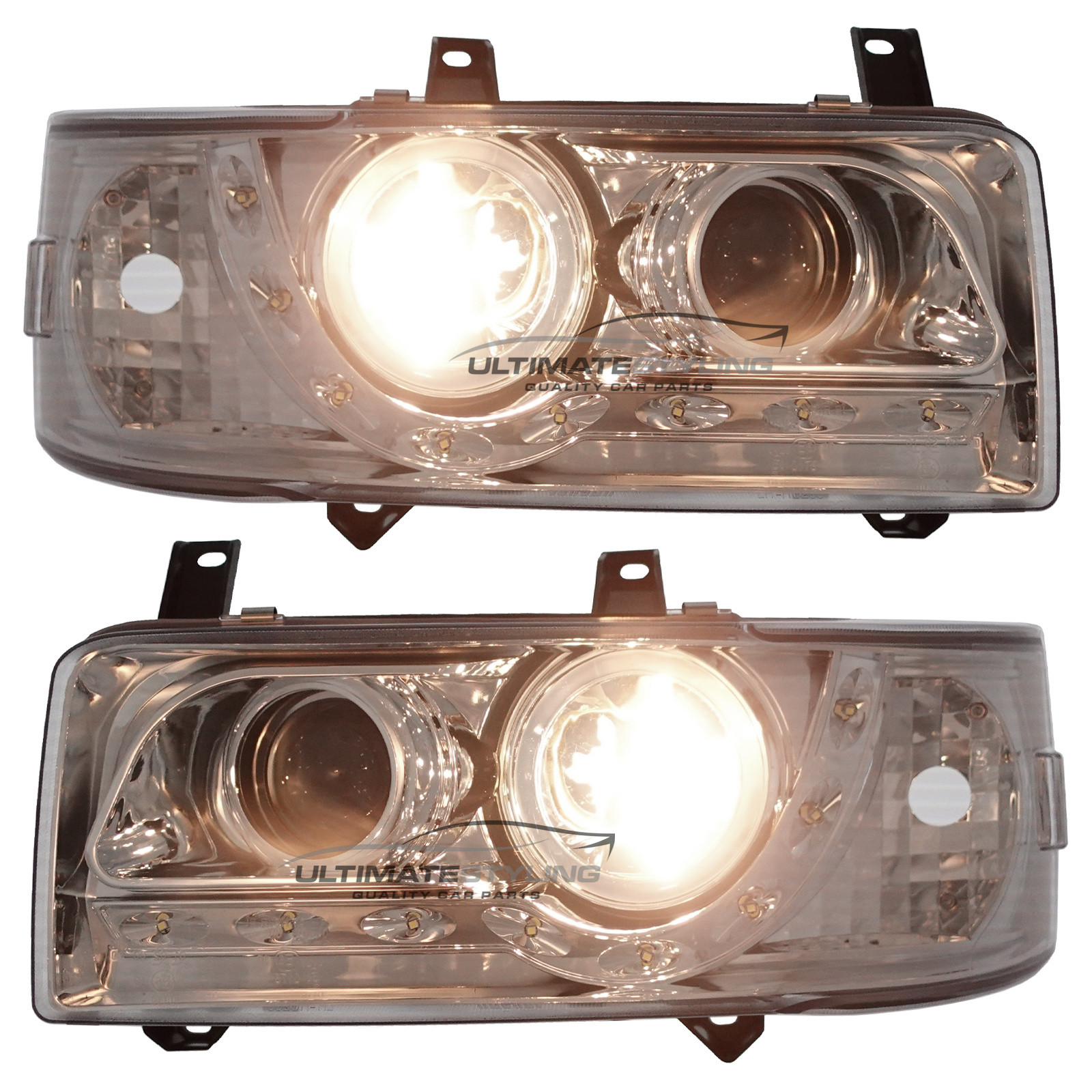 VW Transporter T4 Van & Caravelle 1990-2003 Short Nose Upgrade Headlights Chrome Inner LED DRL Projector Xenon Look