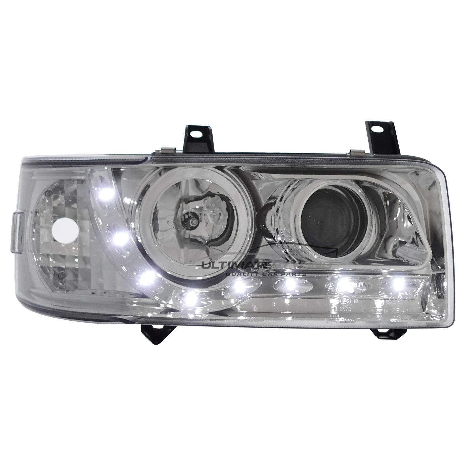 VW Transporter T4 Van & Caravelle 1990-2003 Short Nose Upgrade Headlights Chrome Inner LED DRL Projector Xenon Look