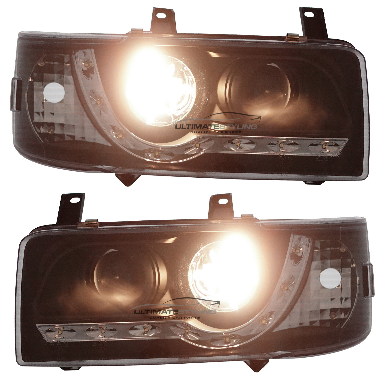 VW Transporter T4 Van & Caravelle 1990-2003 Short Nose Upgrade Headlights Black Inner LED DRL Projector Xenon Look