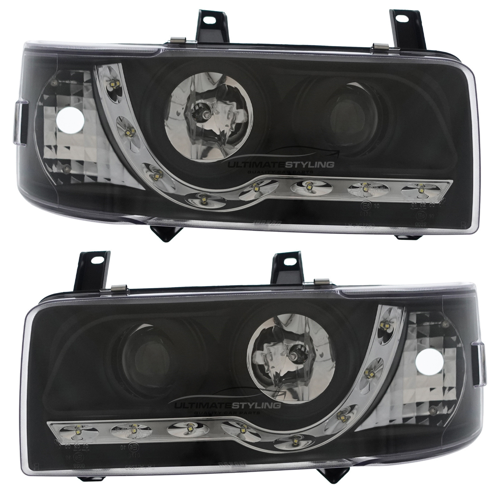 VW Transporter T4 Van & Caravelle 1990-2003 Short Nose Upgrade Headlights Black Inner LED DRL Projector Xenon Look