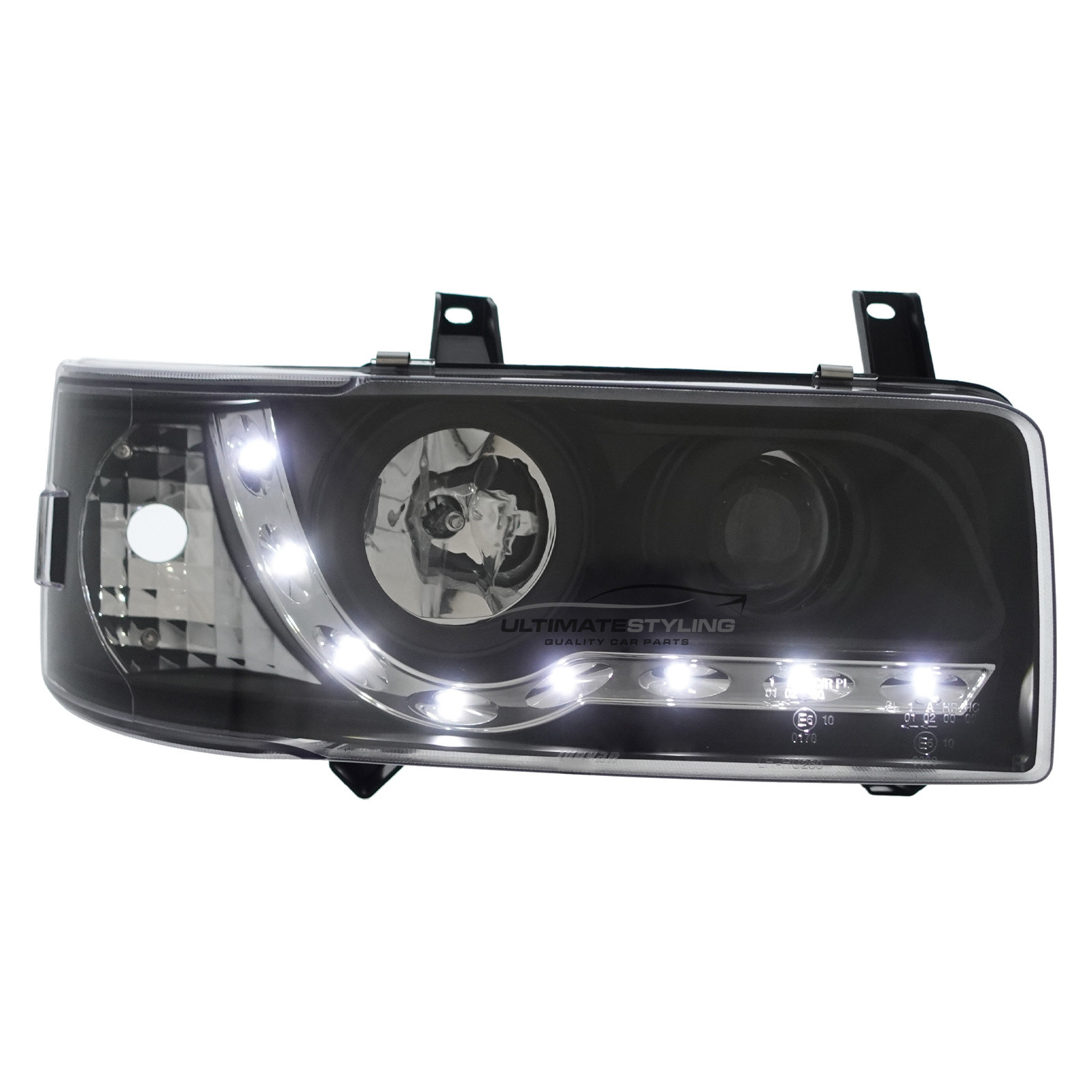 VW Transporter T4 Van & Caravelle 1990-2003 Short Nose Upgrade Headlights Black Inner LED DRL Projector Xenon Look
