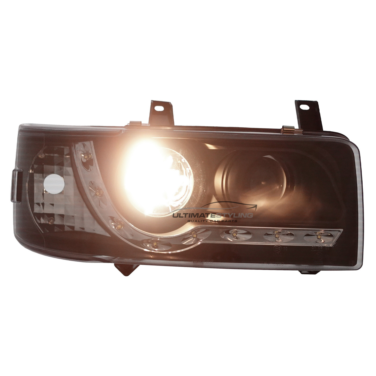 VW Transporter T4 Van & Caravelle 1990-2003 Short Nose Upgrade Headlights Black Inner LED DRL Projector Xenon Look