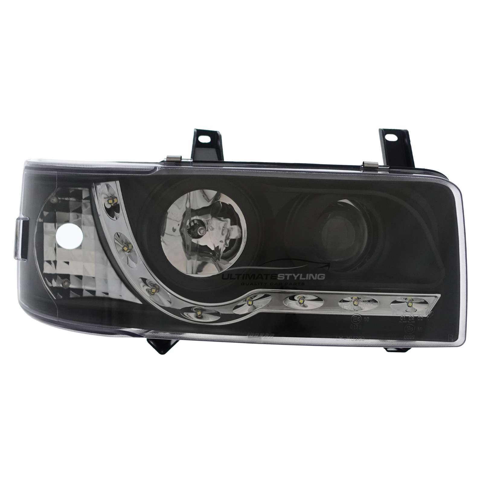 VW Transporter T4 Van & Caravelle 1990-2003 Short Nose Upgrade Headlights Black Inner LED DRL Projector Xenon Look