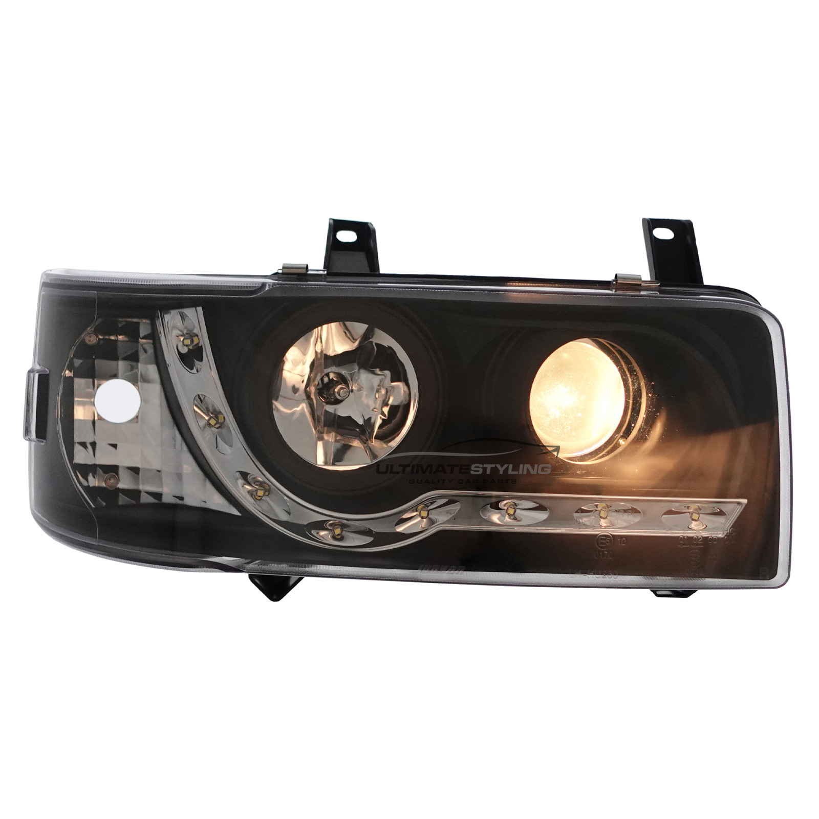VW Transporter T4 Van & Caravelle 1990-2003 Short Nose Upgrade Headlights Black Inner LED DRL Projector Xenon Look