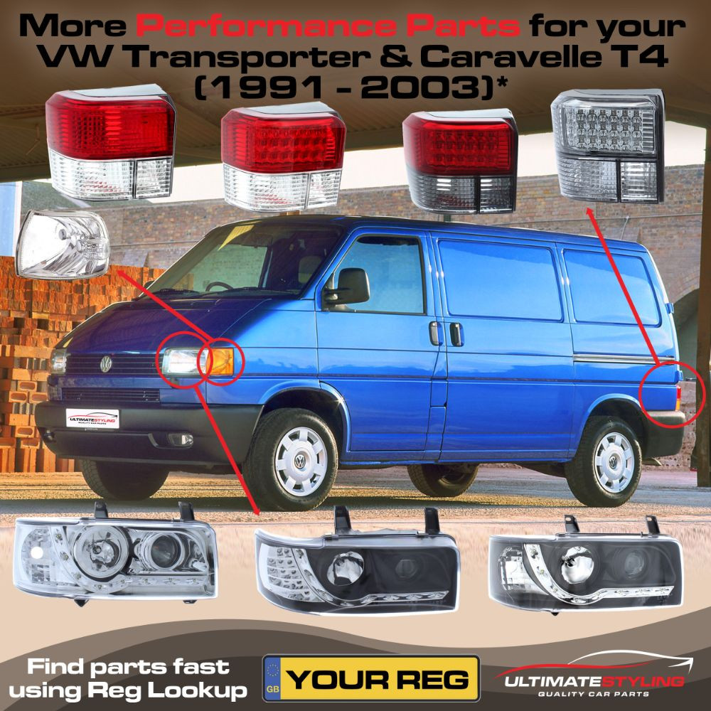VW Transporter T4 Van & Caravelle 1990-2003 Short Nose Upgrade Headlights Black Inner LED DRL Projector Xenon Look