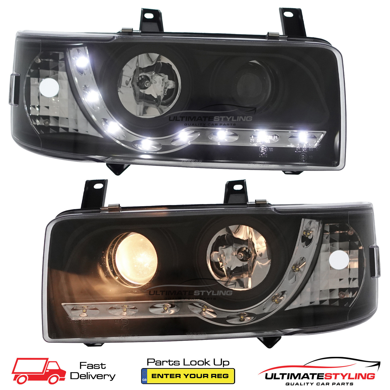 VW Transporter T4 Van & Caravelle 1990-2003 Short Nose Upgrade Headlights Black Inner LED DRL Projector Xenon Look