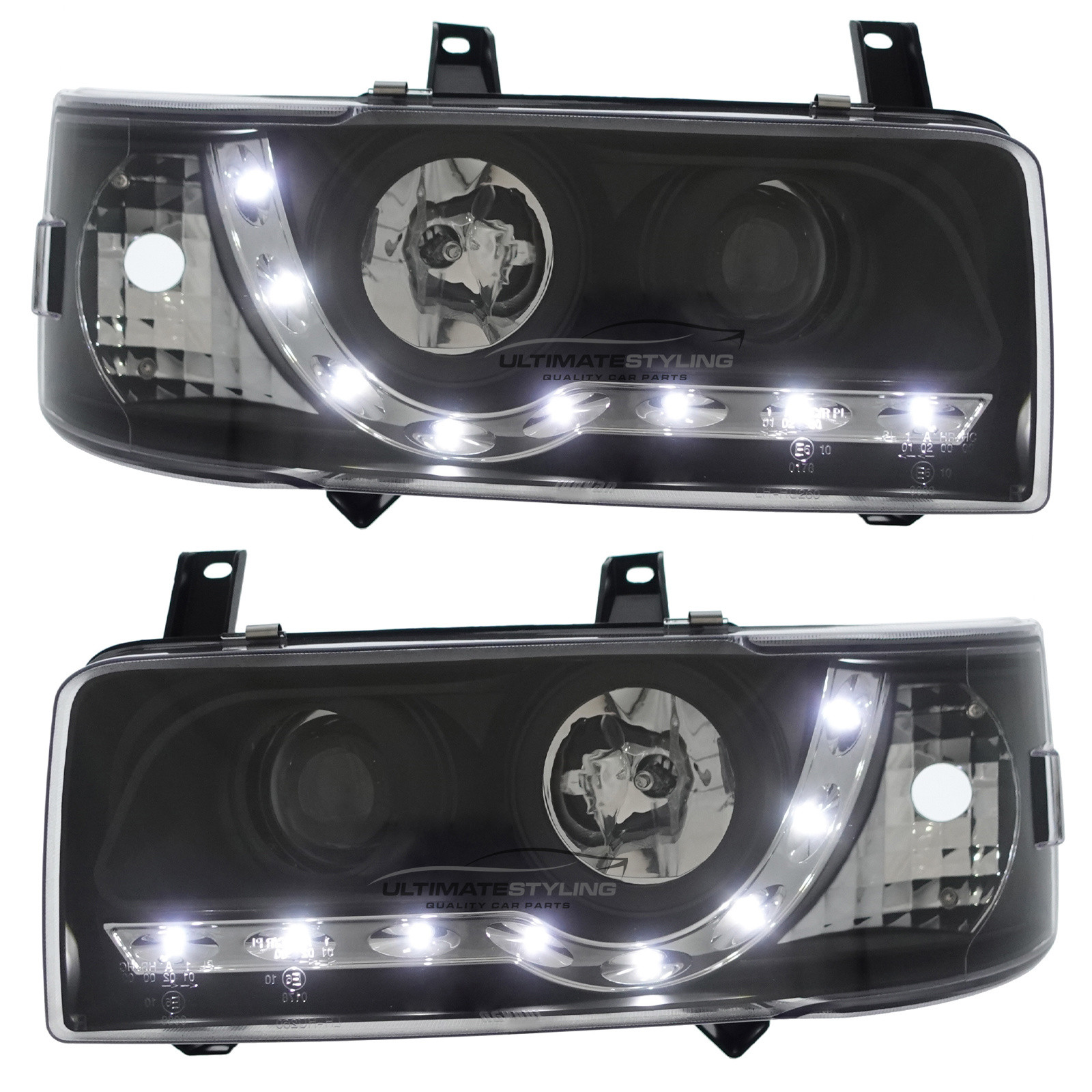VW Transporter T4 Van & Caravelle 1990-2003 Short Nose Upgrade Headlights Black Inner LED DRL Projector Xenon Look