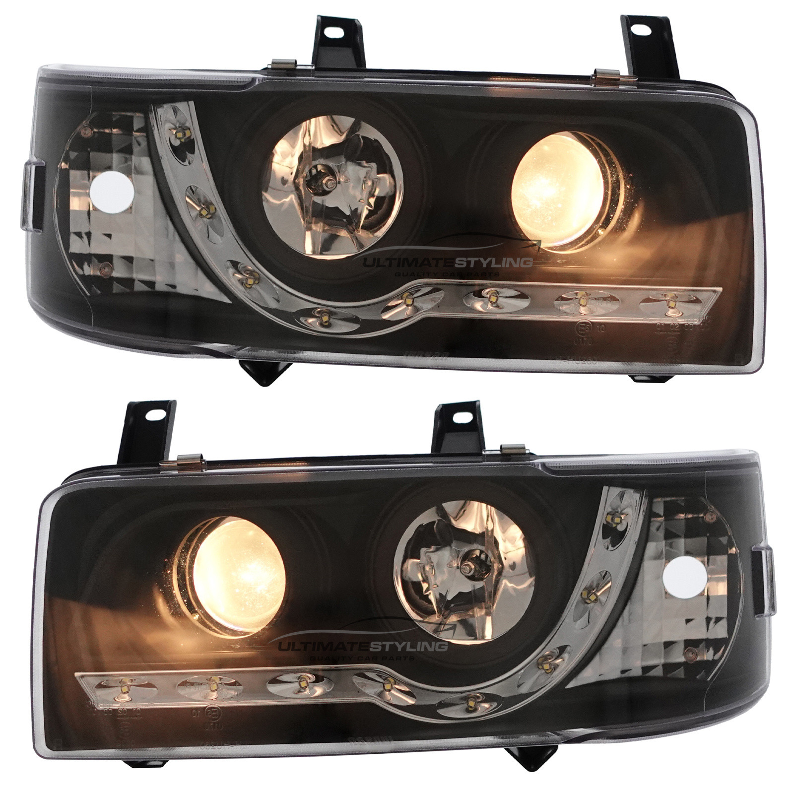 VW Transporter T4 Van & Caravelle 1990-2003 Short Nose Upgrade Headlights Black Inner LED DRL Projector Xenon Look