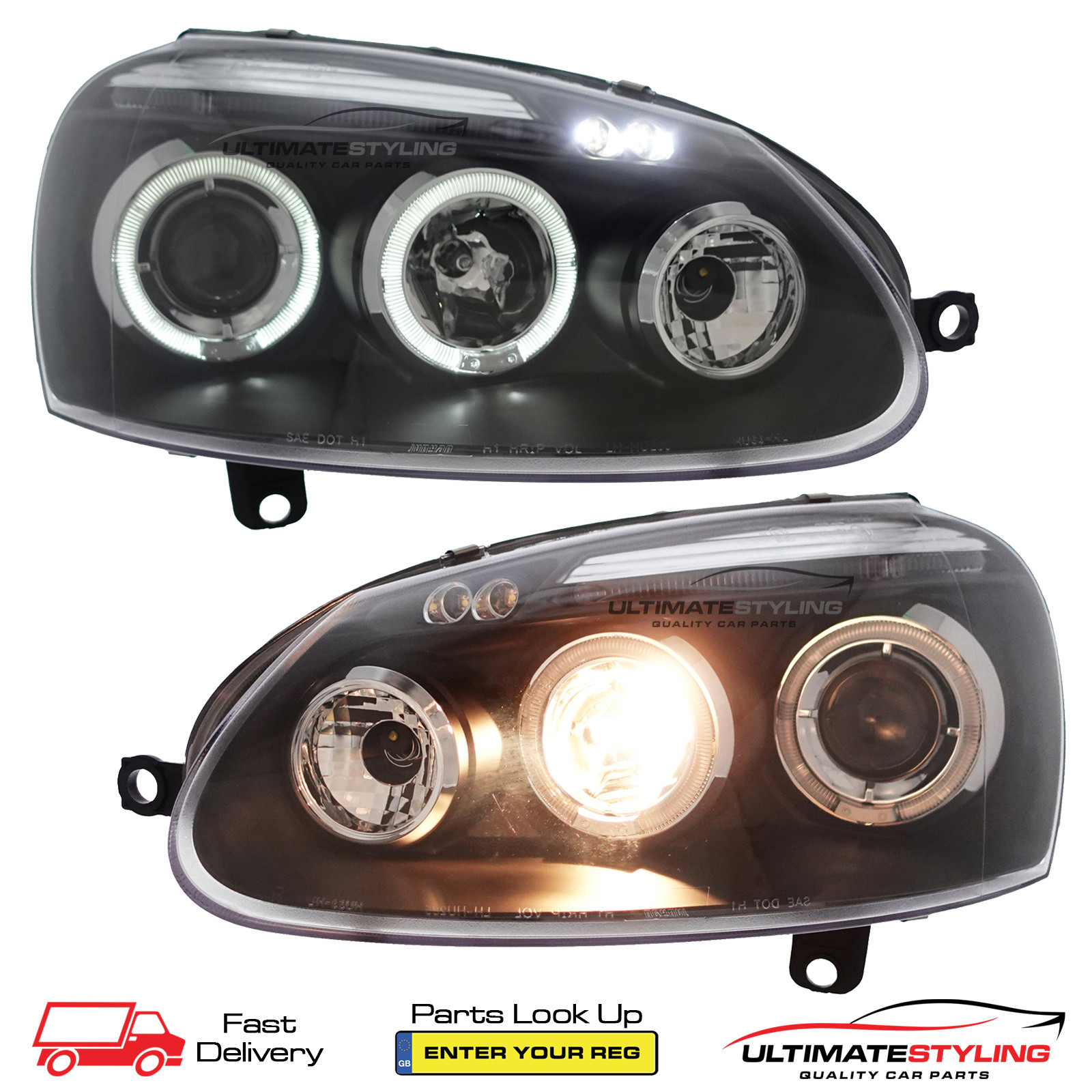 VW Golf Mk5 2003-2009 and Jetta 2006-2011 Upgrade Headlights Black Inner LED Twin Angel Eyes Halo and DRL Projector Xenon Look