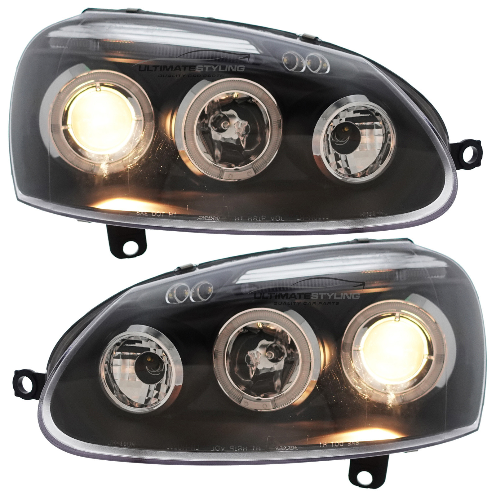 VW Golf Mk5 2003-2009 and Jetta 2006-2011 Upgrade Headlights Black Inner LED Twin Angel Eyes Halo and DRL Projector Xenon Look
