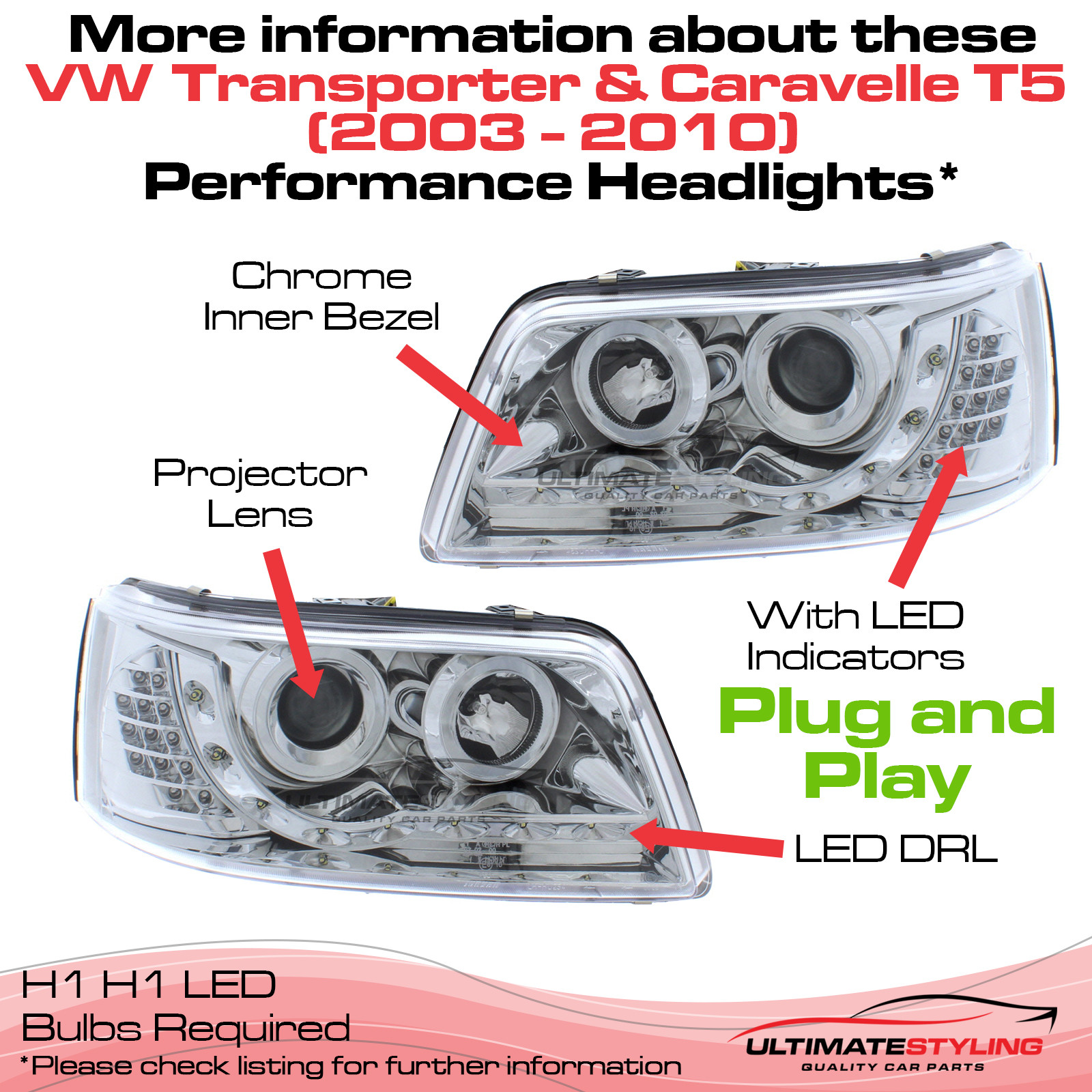 VW Transporter T5 2003-2010 Upgrade Headlights Chrome Inner LED DRL with LED Indicators Projector Xenon Look