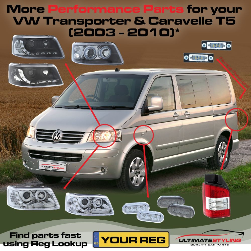 VW Transporter T5 2003-2010 Upgrade Headlights Chrome Inner LED DRL with LED Indicators Projector Xenon Look
