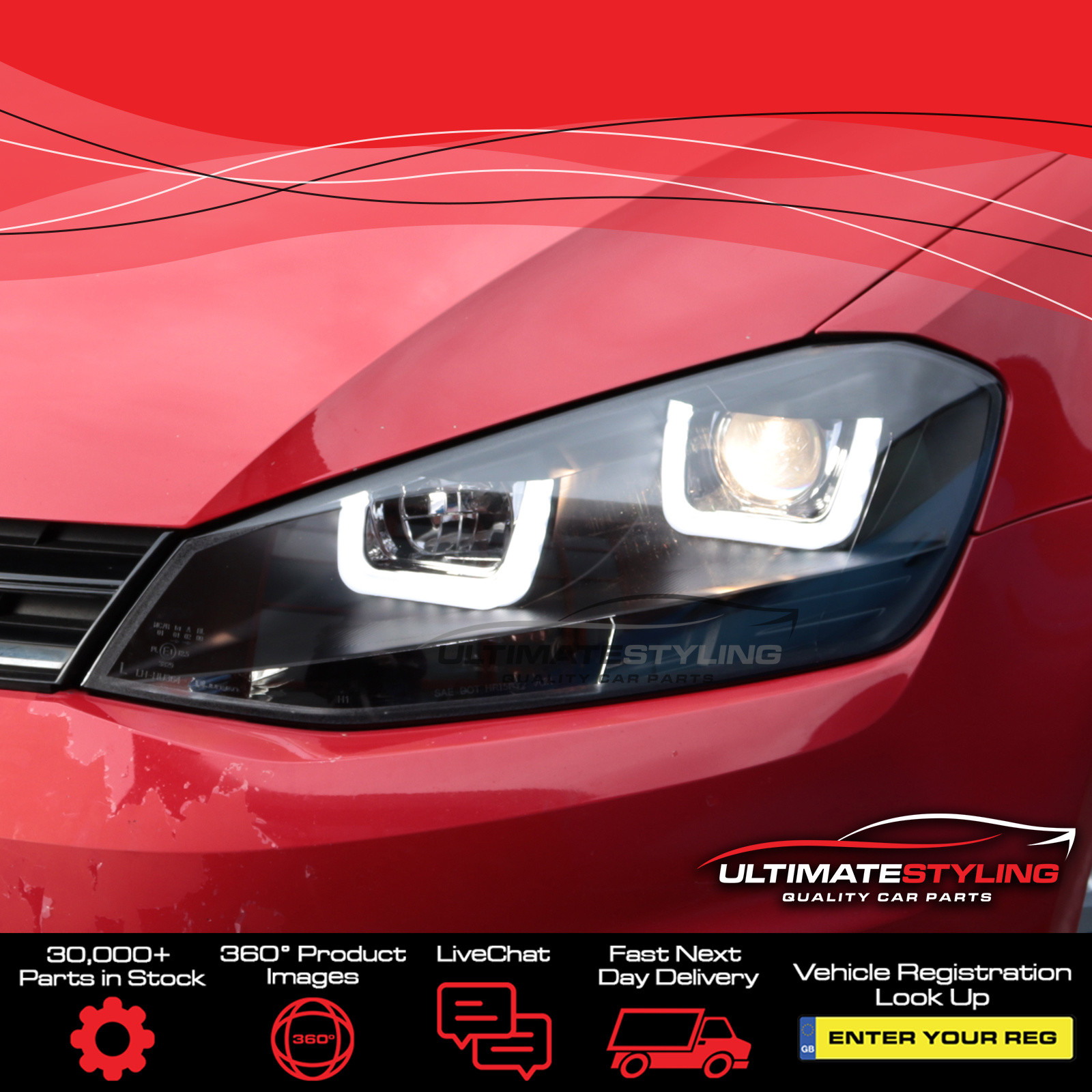 VW Golf Mk7 VII 2012-2017 Upgrade Headlights Black Inner LED U Lightbar DRL Projector Xenon Look