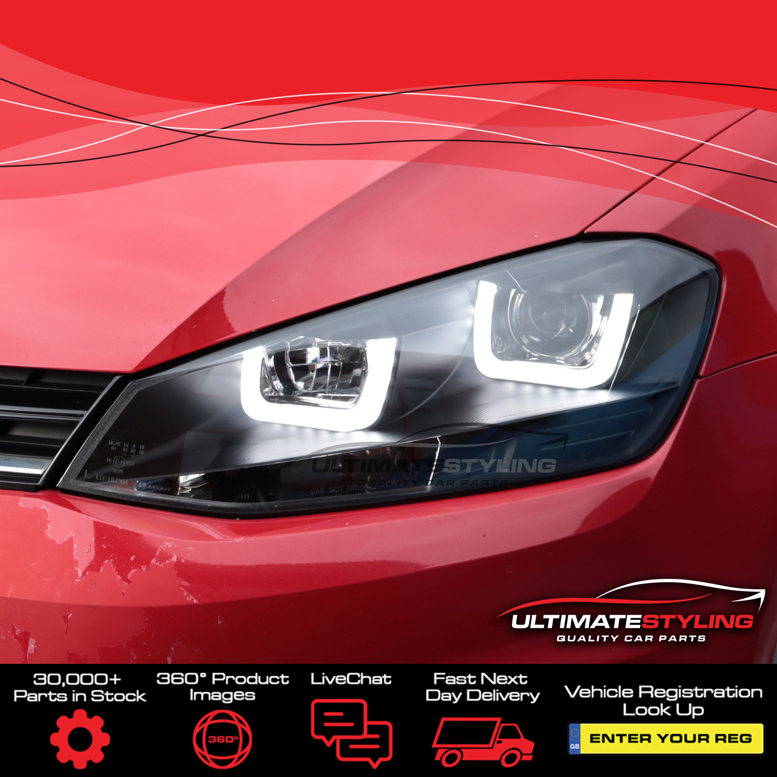 VW Golf Mk7 VII 2012-2017 Upgrade Headlights Black Inner LED U Lightbar DRL Projector Xenon Look