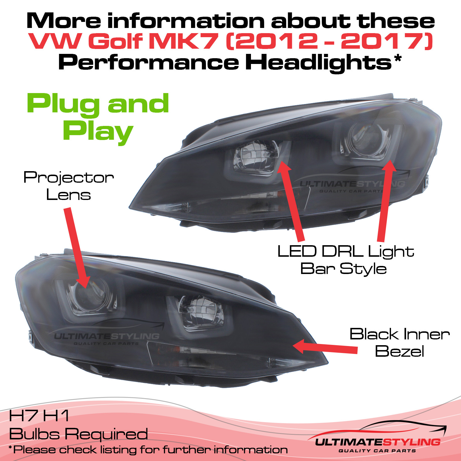 Volkswagen Golf Mk7 VII Custom Performance Headlights - LED Daytime Running  Light Bars (DRL) - Halogen