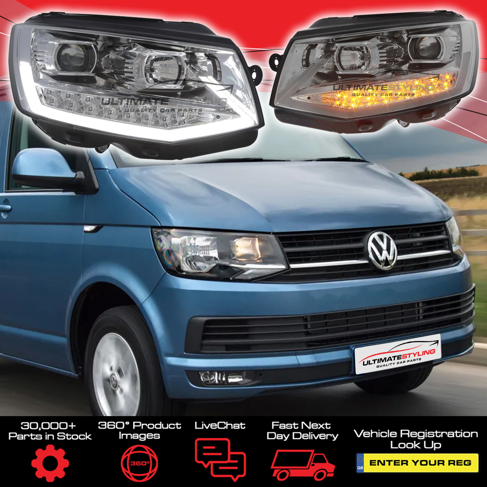 VW Transporter T6 2015-2020 LED DRL Projector Headlights Headlamps Chrome Inner LED Indicators
