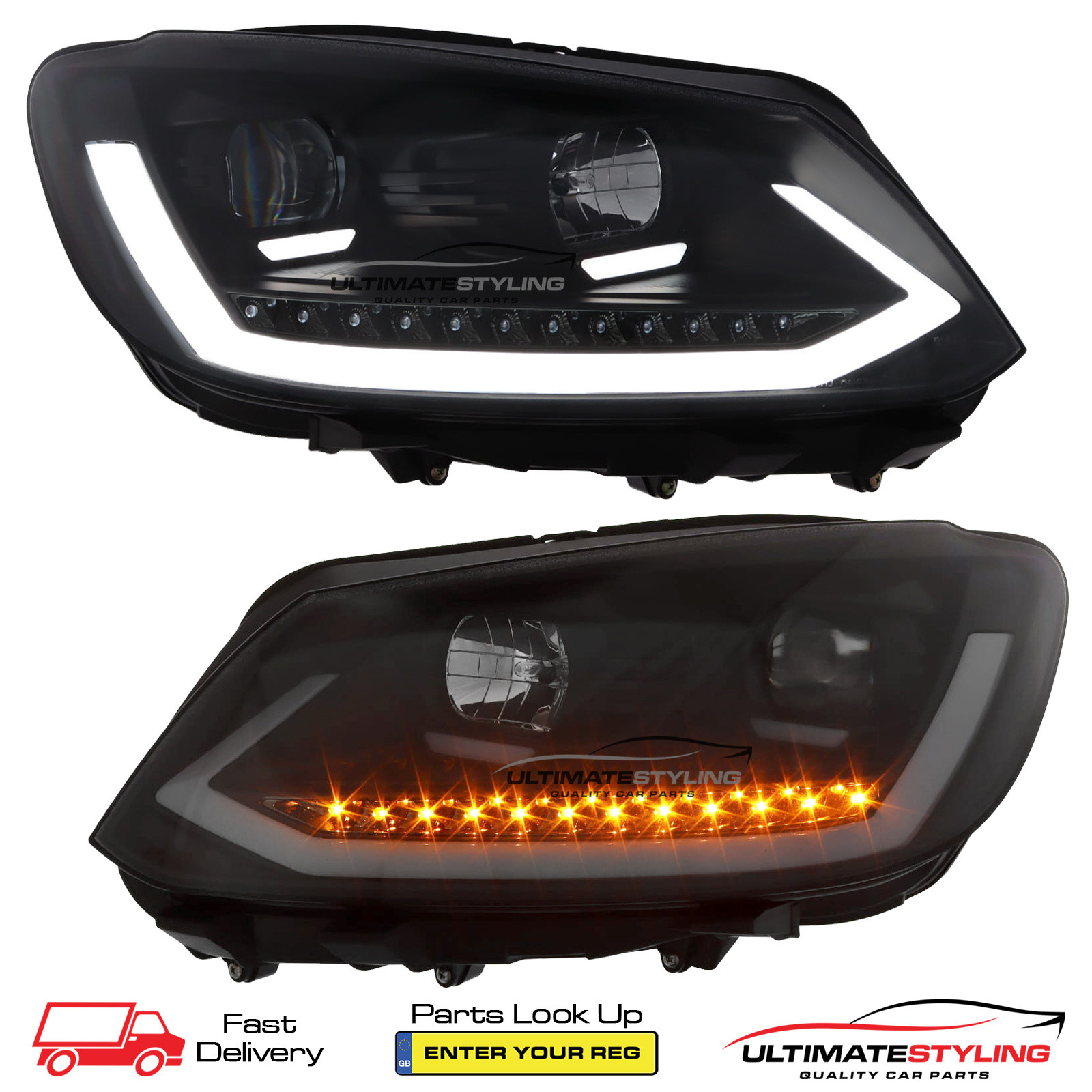 VW Caddy Mk3 / Touran 2010-2015 Upgrade Headlights Black Inner LED Lightbar DRL with LED Dynamic Sequential Indicators Projector Xenon Look