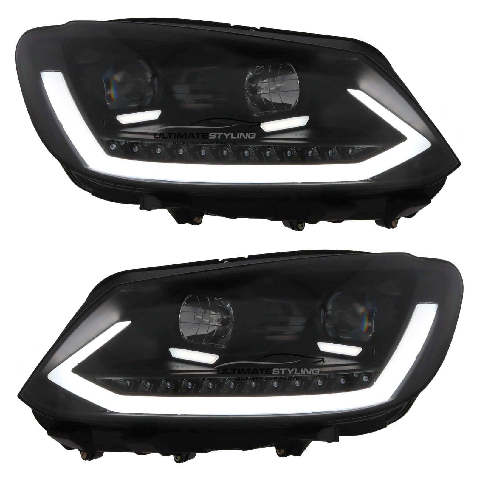 VW Caddy Mk3 / Touran 2010-2015 Upgrade Headlights Black Inner LED Lightbar DRL with LED Dynamic Sequential Indicators Projector Xenon Look