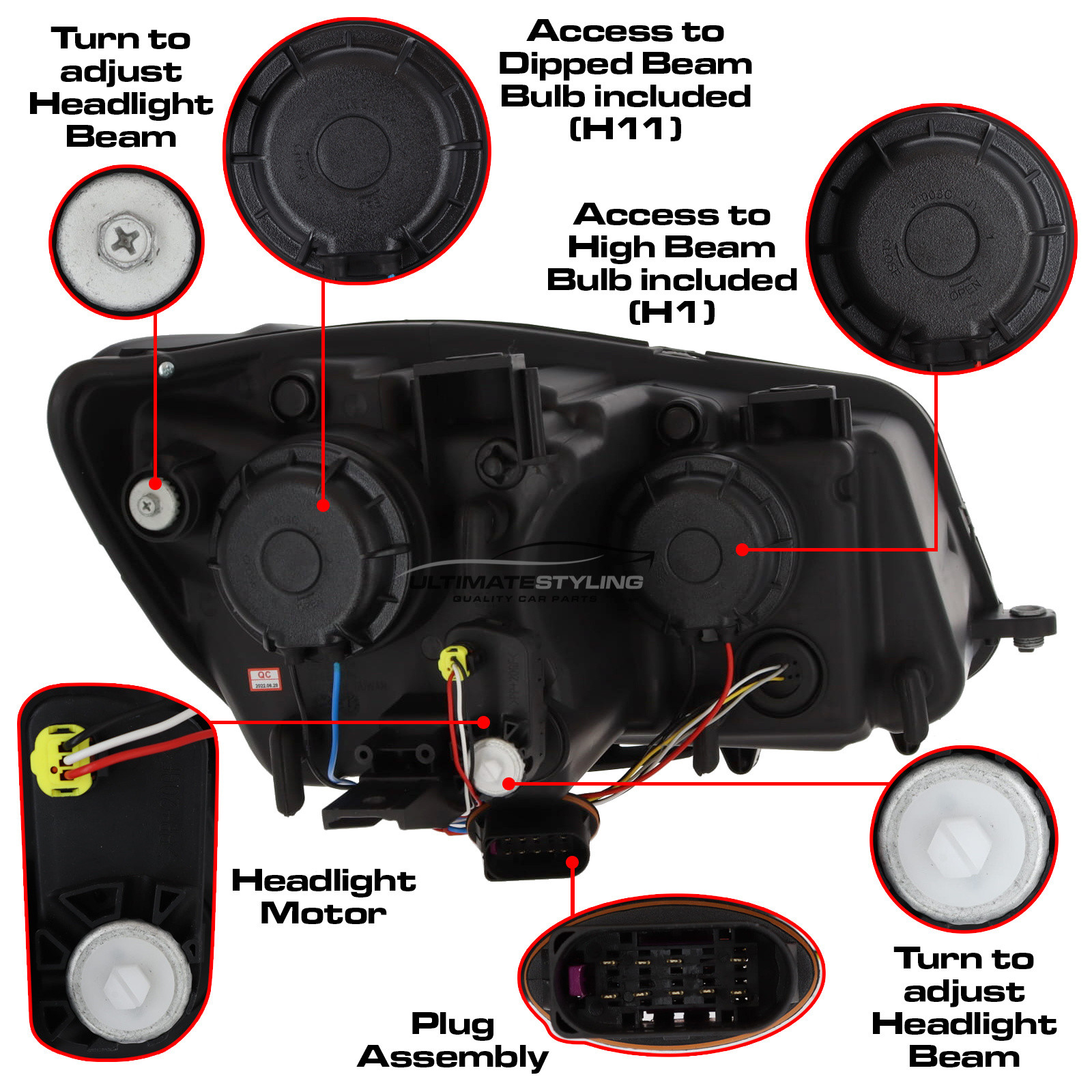 VW Caddy Mk3 / Touran 2010-2015 Upgrade Headlights Black Inner LED Lightbar DRL with LED Dynamic Sequential Indicators Projector Xenon Look