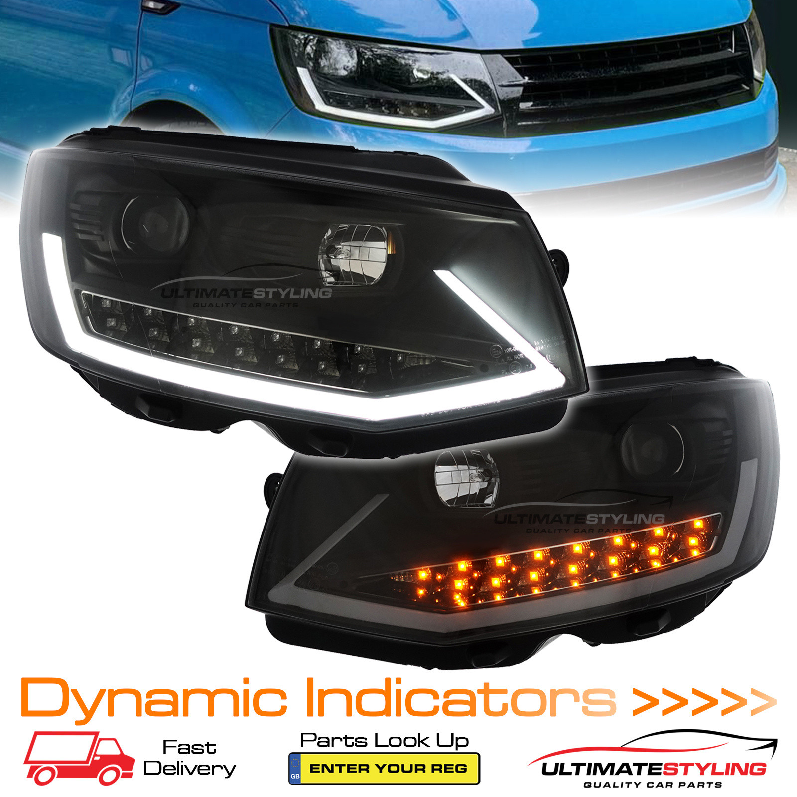 VW Transporter T6 2015-2020 Upgrade Headlights Black Inner LED Lightbar DRL with LED Dynamic Indicators Projector Xenon Look