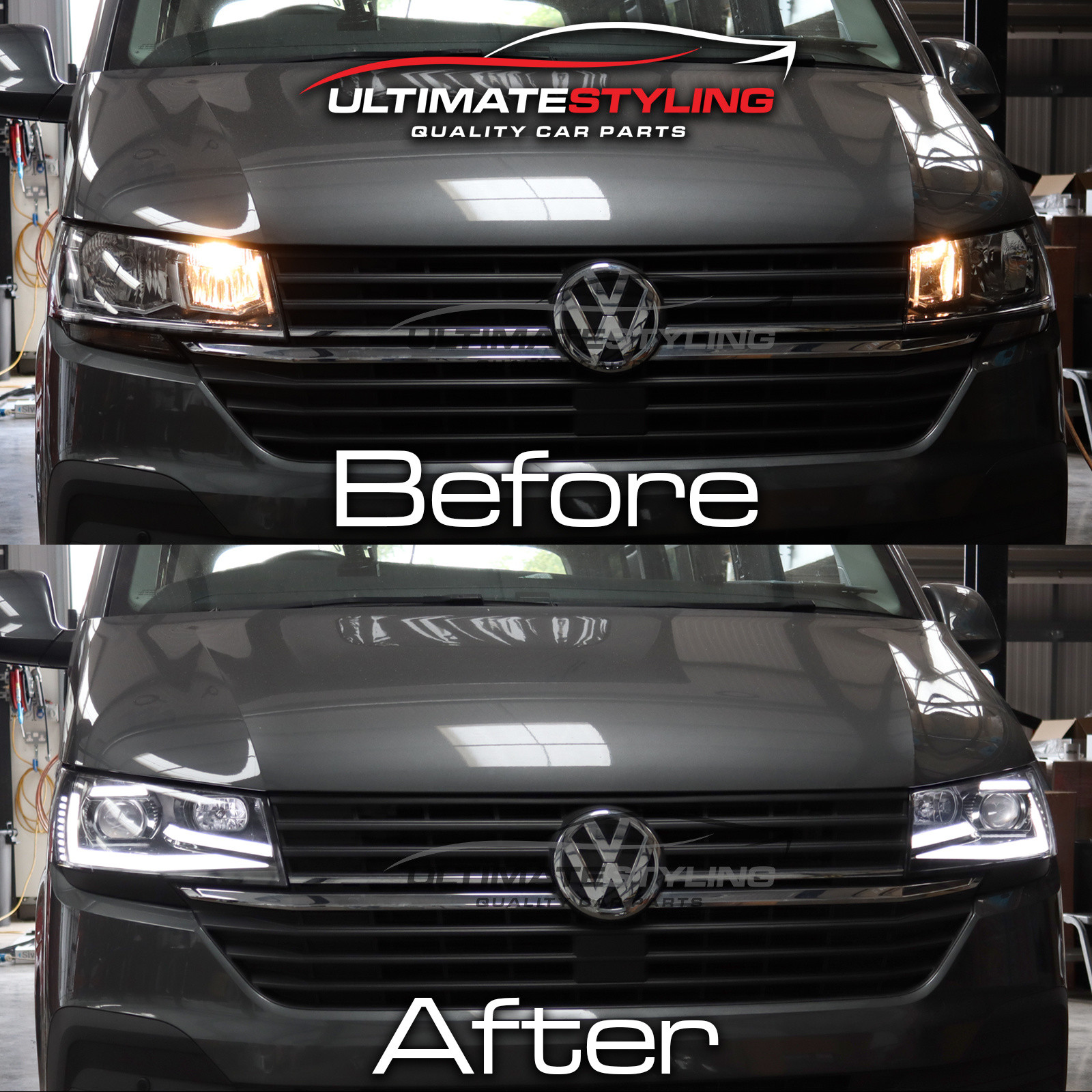 VW Transporter T6.1 2020-2024 Upgrade Headlights Black Inner LED Lightbar DRL with LED Dynamic Indicators Projector Xenon Look