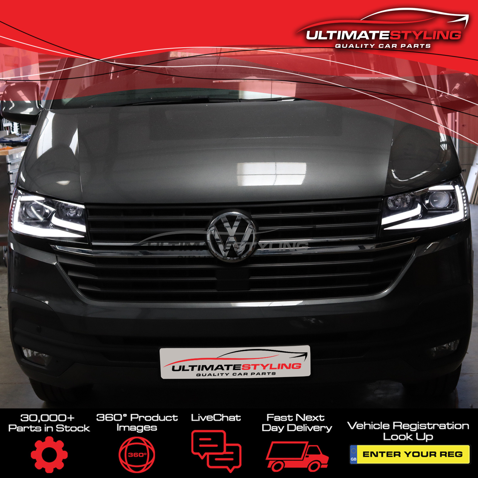 VW Transporter T6.1 2020-2024 Upgrade Headlights Black Inner LED Lightbar DRL with LED Dynamic Indicators Projector Xenon Look