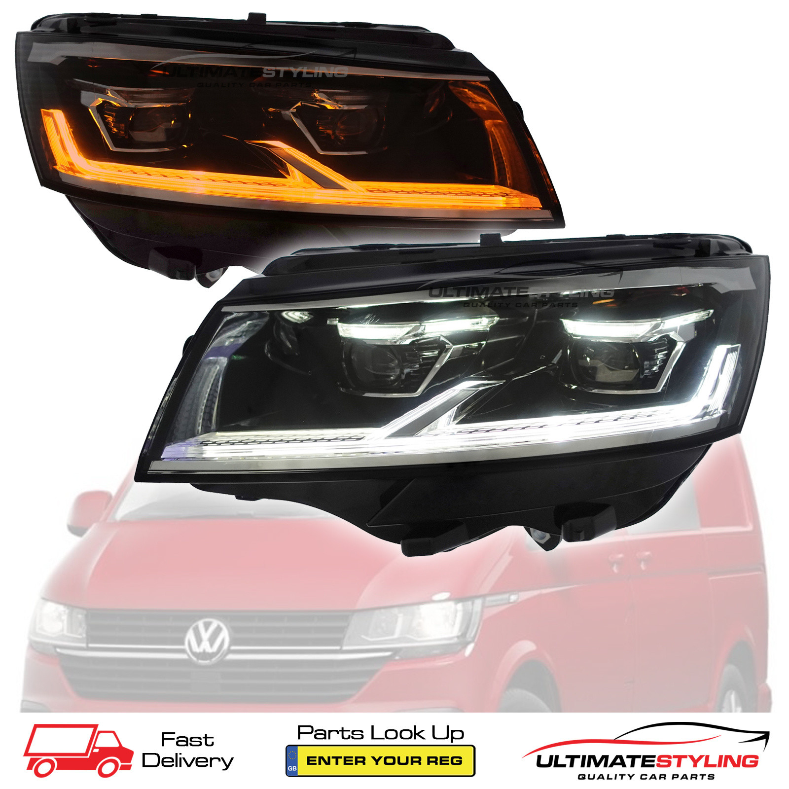 VW Transporter T6.1 2020-2024 Upgrade Headlights Black and Chrome Inner FULL LED Lightbar DRL with LED Indicators (T6.1 factory LED Headlight Look)