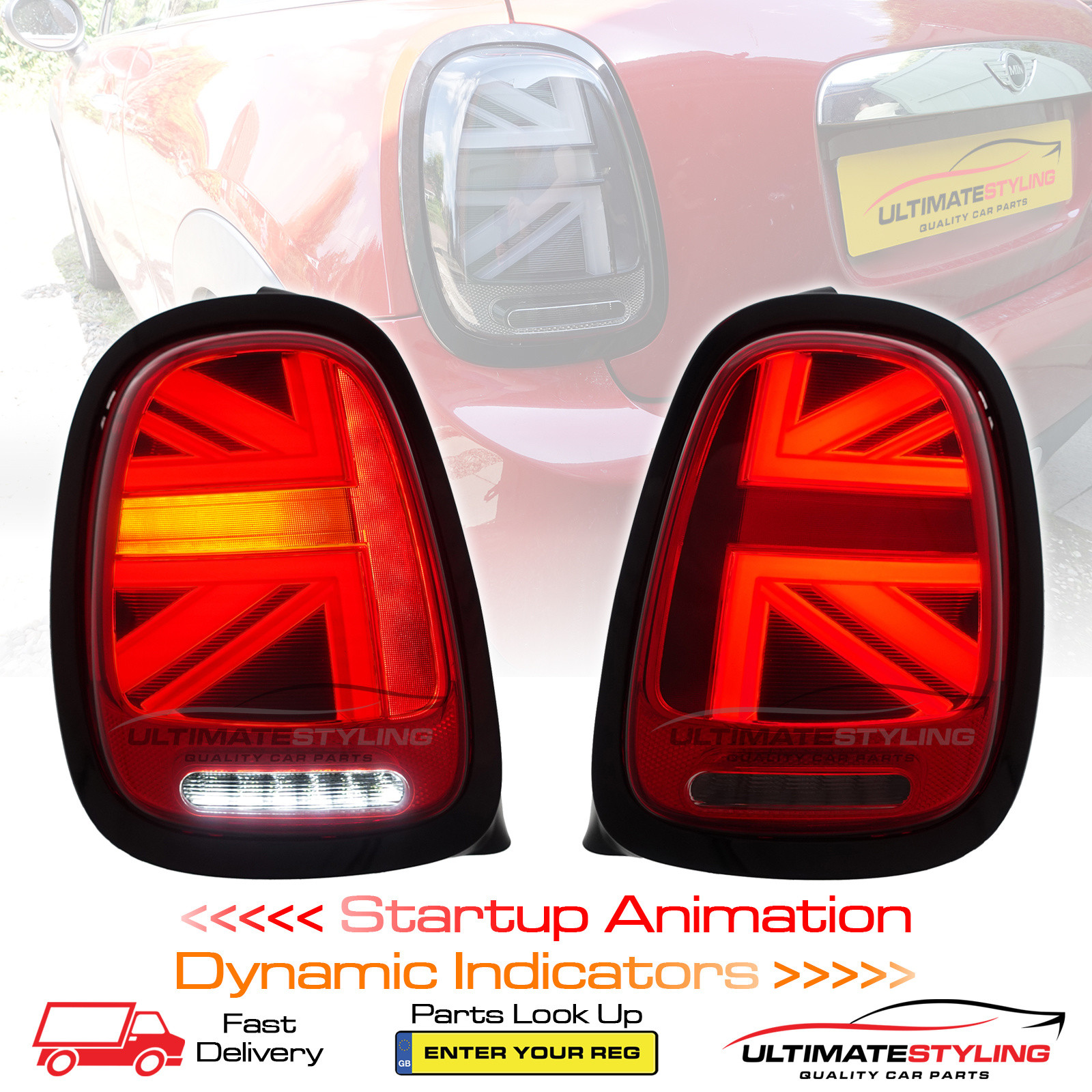 BMW Mini F55 F56 F57 (GEN 3) 2014-2024 Red LED Union Jack Flag Upgrade Rear Tail Lights Sequential Indicators Pair