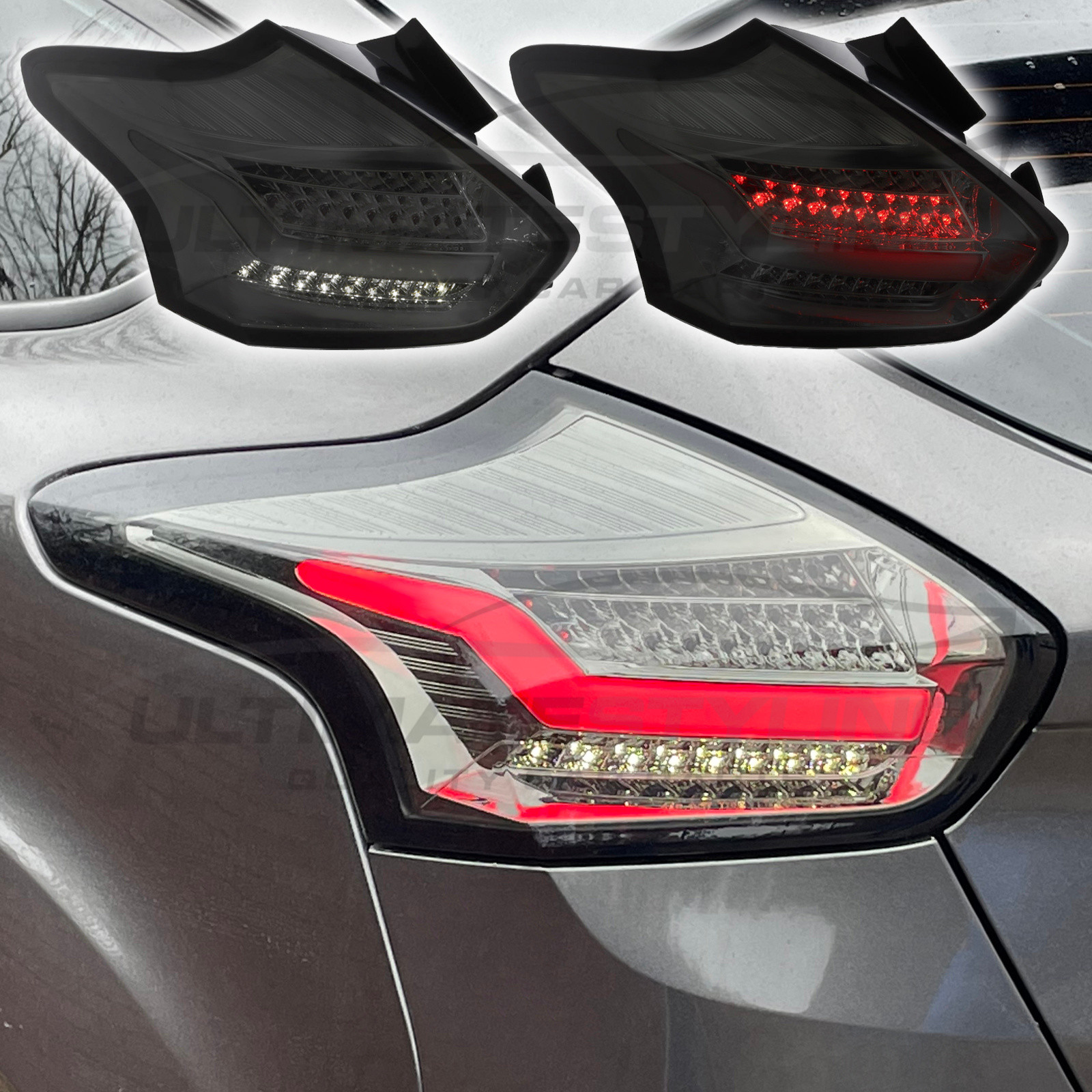 Ford Focus Mk3 Hatchback 2014-2018 Smoked LED Upgrade Light Bar Rear Tail Lights Pair