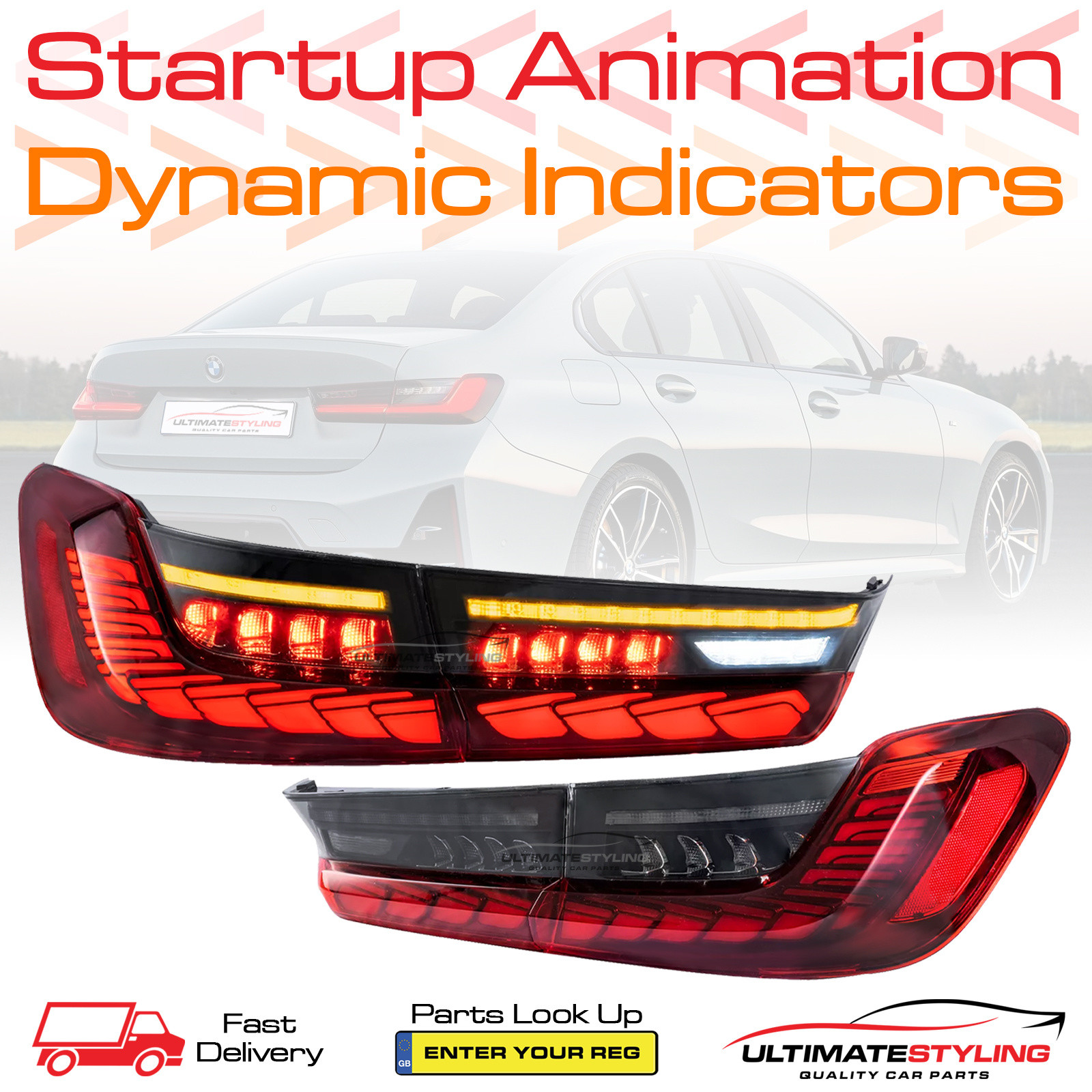 BMW 3 Series G20 2018-2022 Upgrade Dragon Scale GTS Style Red & Smoked Lens Rear Tail Lights Dynamic Indicators + Animation Pair