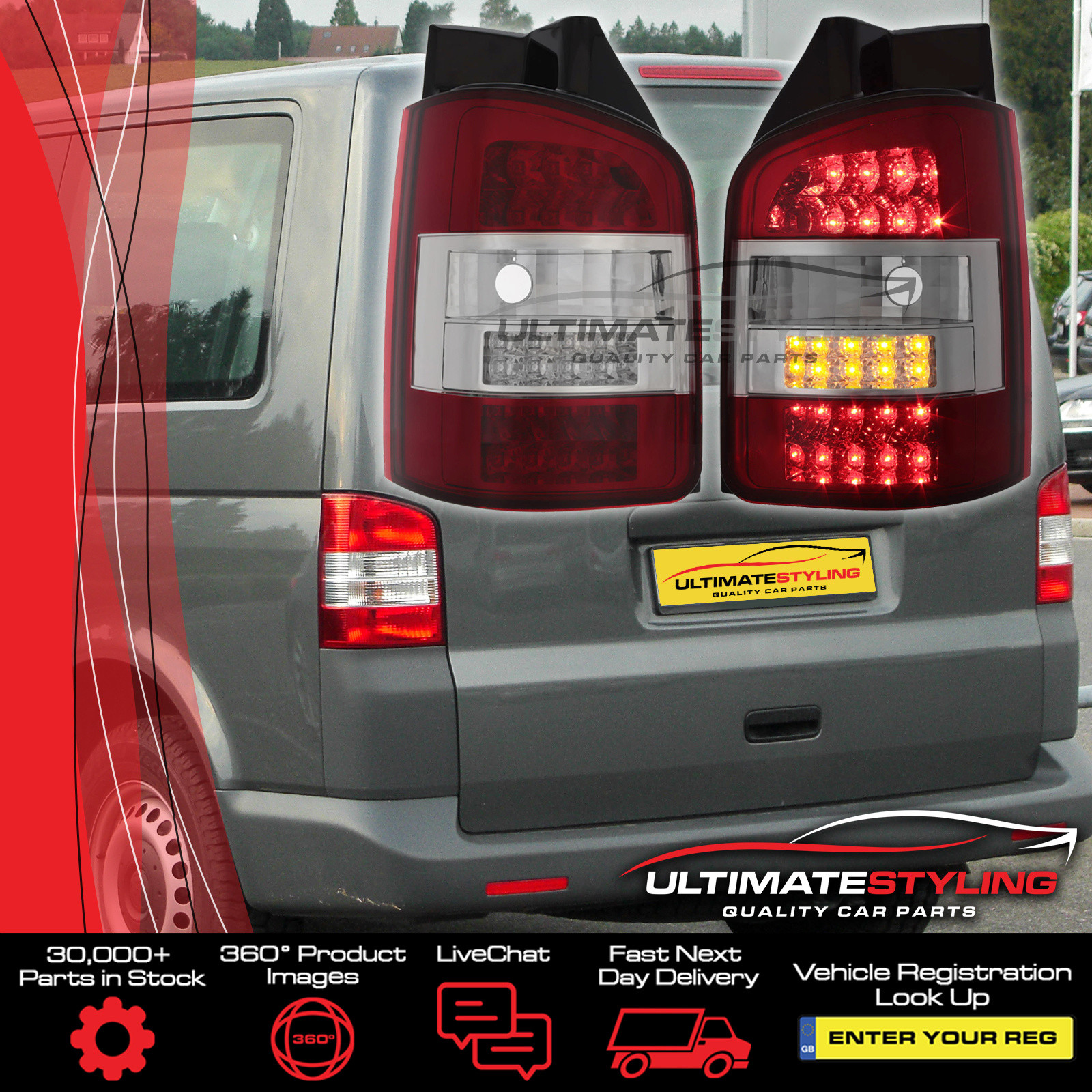 VW T5 Twin Door 2003-2010 LED Red/Clear Rear Tail Lights Pair