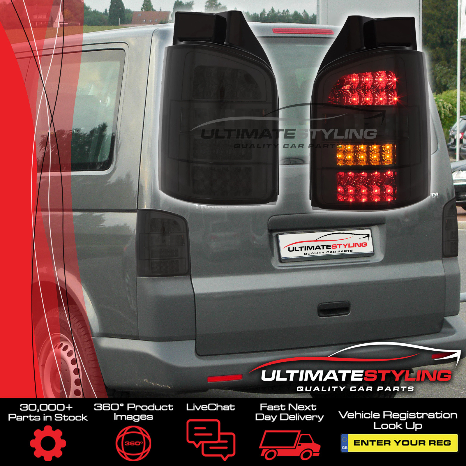 VW Volkswagen Transporter T5.1 2010-2015 LED Smoked Tinted LED Upgrade Rear Lights For Tailgate Models Only (1 Rear Door Models) Pair