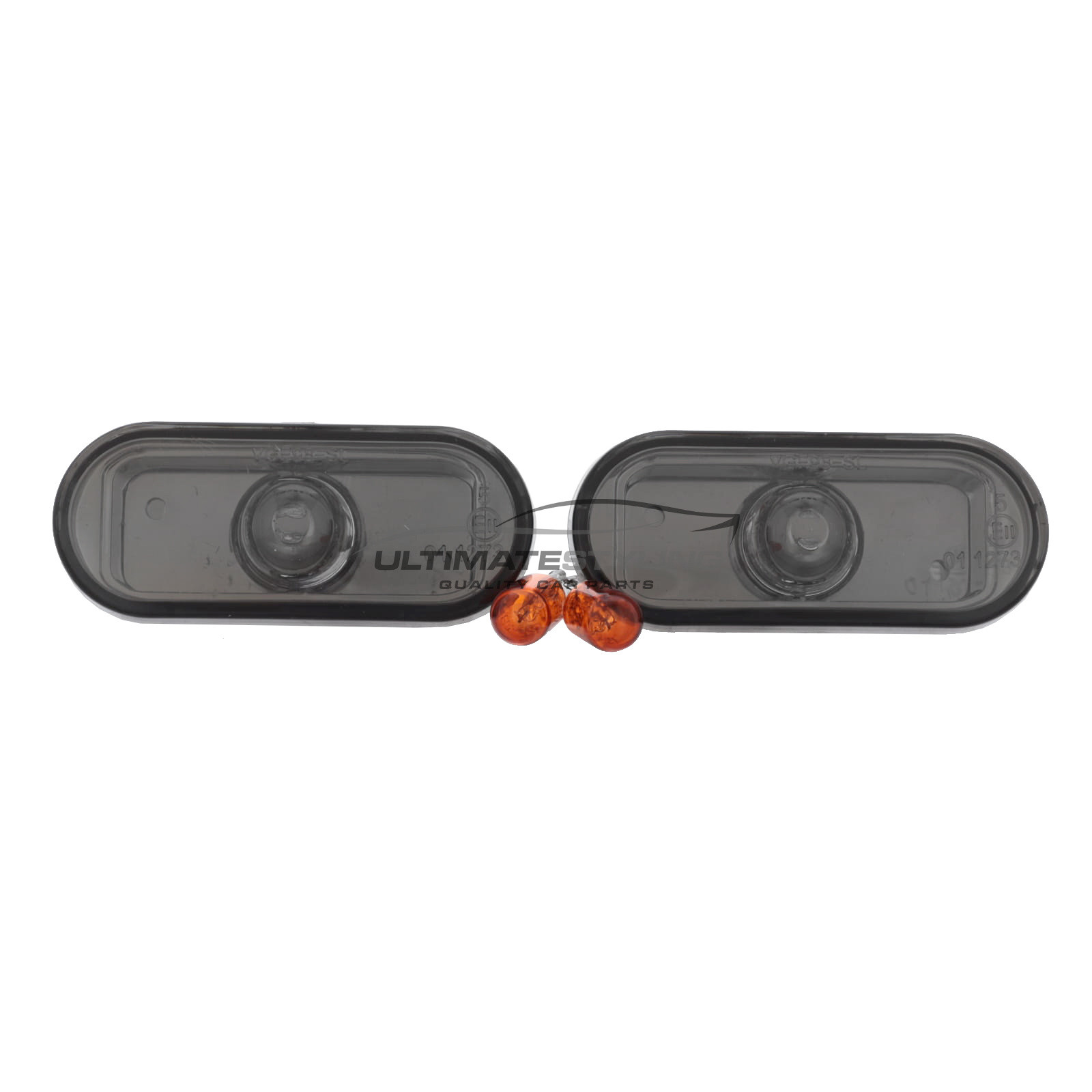 Side Repeaters - Pair (LH & RH) - Crystal Smoked Lens - Non-LED for Seat Alhambra , Arosa , Cordoba , Exeo , Ibiza , Inca , Leon , Toledo / VW Beetle , Bora , Caddy , Caravelle , Fox , Golf , Lupo , Passat , Polo , Sharan , Transporter and others
