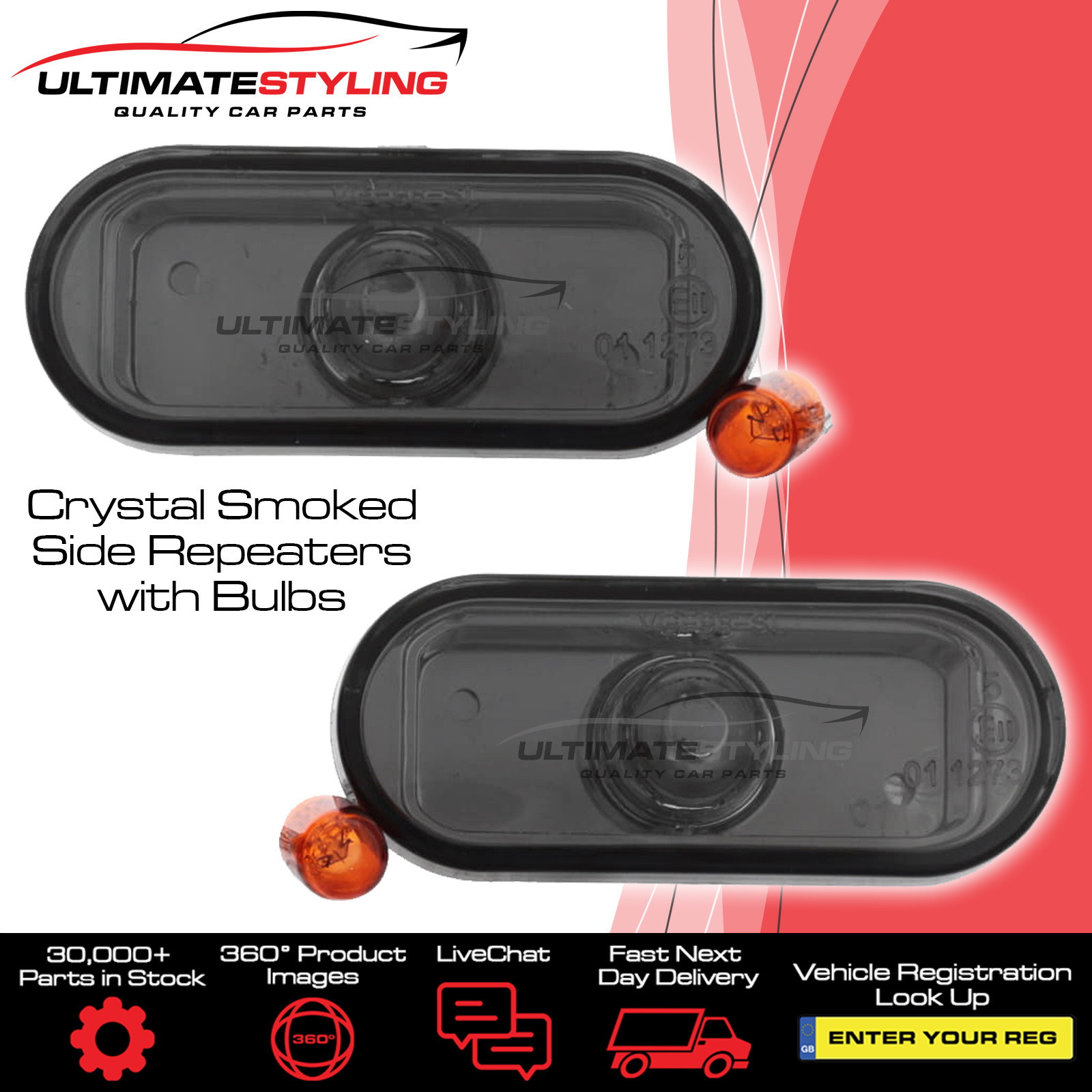 Side Repeaters - Pair (LH & RH) - Crystal Smoked Lens - Non-LED for Seat Alhambra , Arosa , Cordoba , Exeo , Ibiza , Inca , Leon , Toledo / VW Beetle , Bora , Caddy , Caravelle , Fox , Golf , Lupo , Passat , Polo , Sharan , Transporter and others