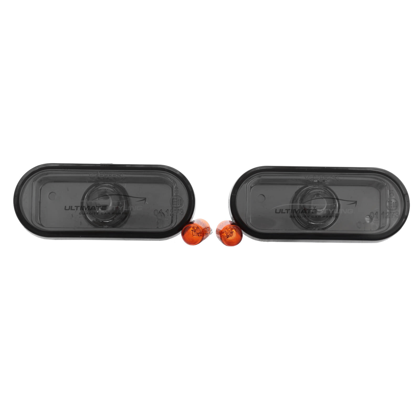 Side Repeaters - Pair (LH & RH) - Crystal Smoked Lens - Non-LED for Seat Alhambra , Arosa , Cordoba , Exeo , Ibiza , Inca , Leon , Toledo / VW Beetle , Bora , Caddy , Caravelle , Fox , Golf , Lupo , Passat , Polo , Sharan , Transporter and others