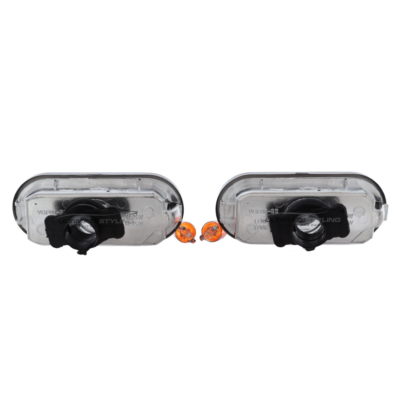 Side Repeaters - Pair (LH & RH) - Crystal Smoked Lens - Non-LED for Seat Alhambra , Arosa , Cordoba , Exeo , Ibiza , Inca , Leon , Toledo / VW Beetle , Bora , Caddy , Caravelle , Fox , Golf , Lupo , Passat , Polo , Sharan , Transporter and others