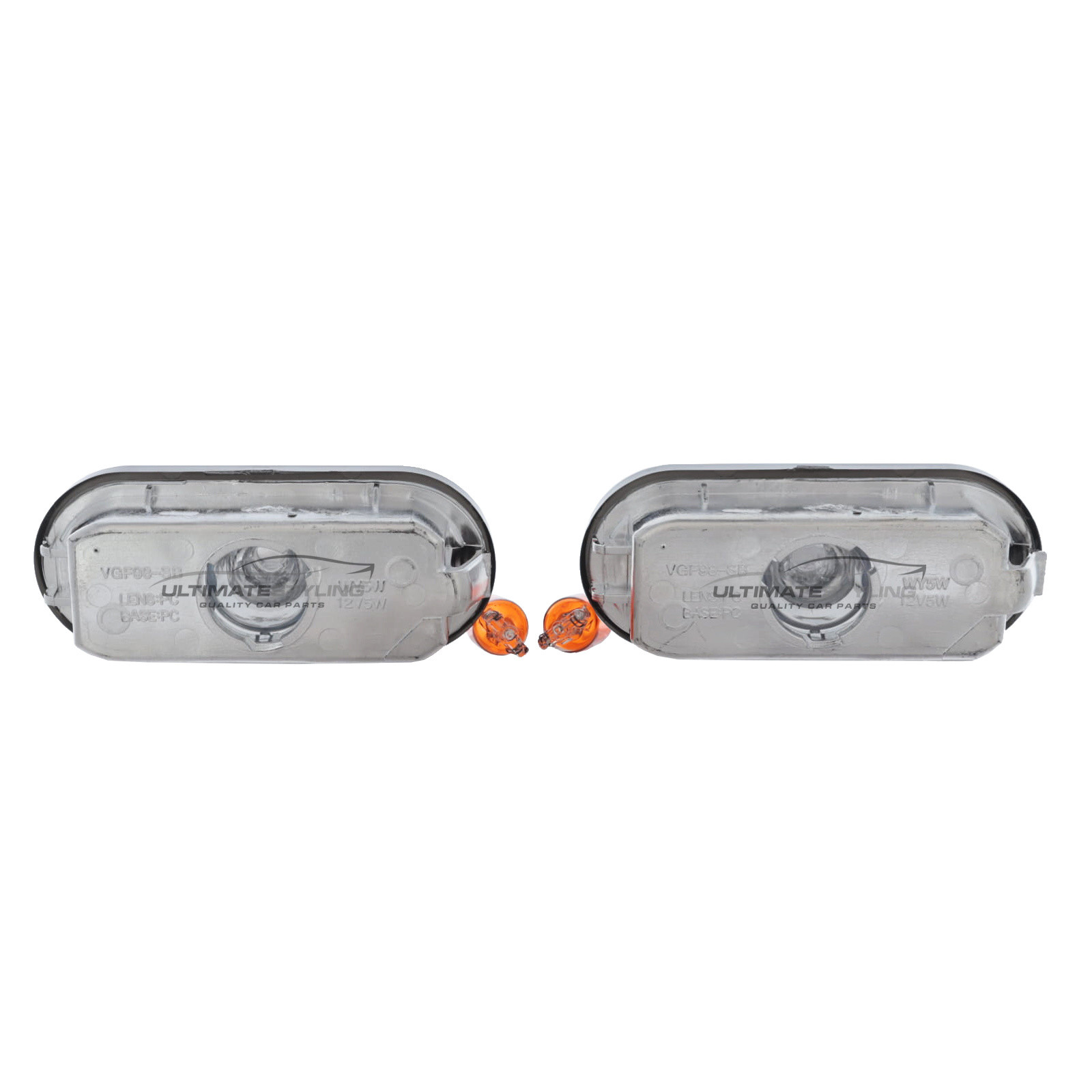 Side Repeaters - Pair (LH & RH) - Crystal Smoked Lens - Non-LED for Seat Alhambra , Arosa , Cordoba , Exeo , Ibiza , Inca , Leon , Toledo / VW Beetle , Bora , Caddy , Caravelle , Fox , Golf , Lupo , Passat , Polo , Sharan , Transporter and others