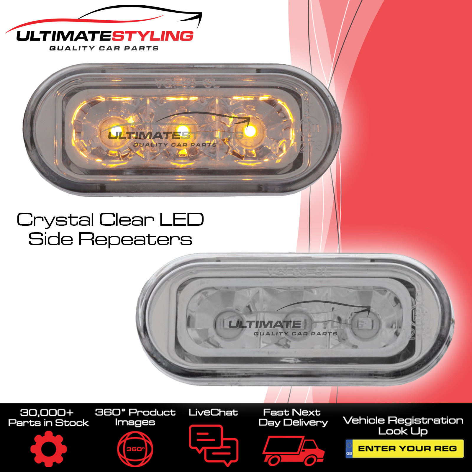 Side Repeaters - Pair (LH & RH) - Crystal Clear lens - LED for Seat Alhambra / Arosa / Cordoba / Exeo / Ibiza / Inca / Leon / Toledo, Volkswagen Beetle / Bora / Caddy / Caravelle / Fox / Golf / Lupo / Passat / Polo / Sharan / Transporter and others