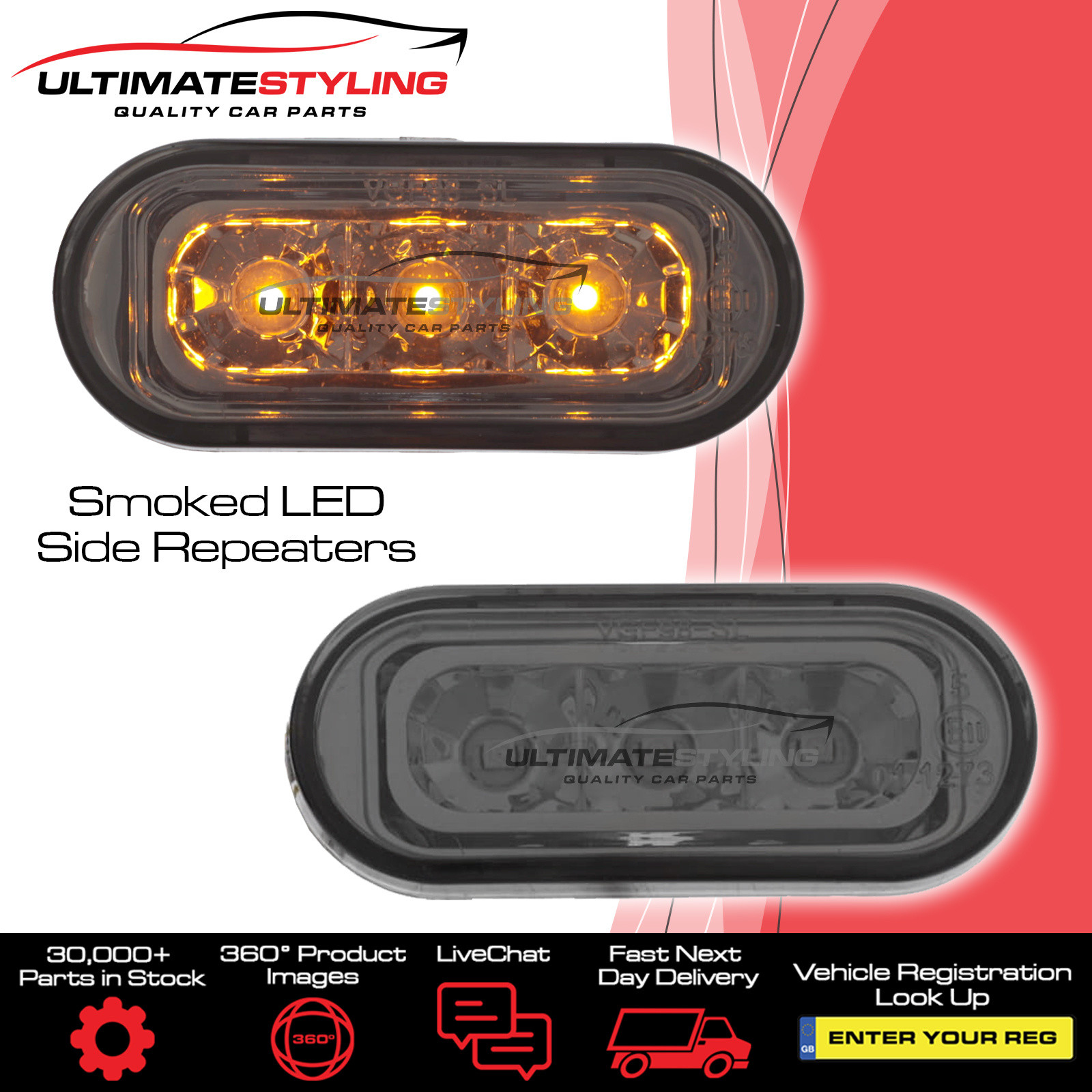 Side Repeaters - Pair (LH & RH) - Crystal Smoked lens - LED for Seat Alhambra / Arosa / Cordoba / Exeo / Ibiza / Inca / Leon / Toledo, Volkswagen Beetle / Bora / Caddy / Caravelle / Fox / Golf / Lupo / Passat / Polo / Sharan / Transporter and others